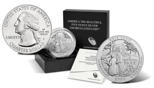 2020-P Weir Farm National Historic Site Five Ounce Silver Uncirculated Coin, Sides and Packaging