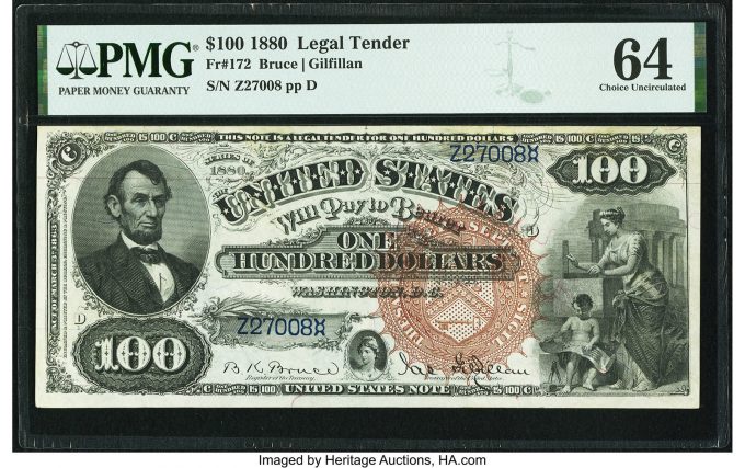 Fr. 172 $100 1880 Legal Tender PMG Choice Uncirculated 64