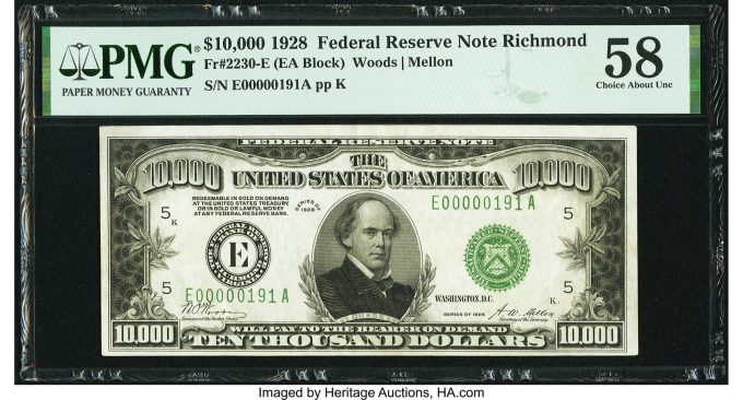 Fr. 2230-E $10,000 1928 Federal Reserve Note. PMG Choice About Unc 58