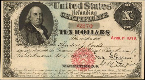 Friedberg 213. 1879 $10 Refunding Certificate. PCGS Currency Choice About New 58 PPQ