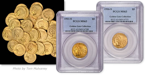 Indian Head $5 gold pieces from the Golden Gate Collection Hoard