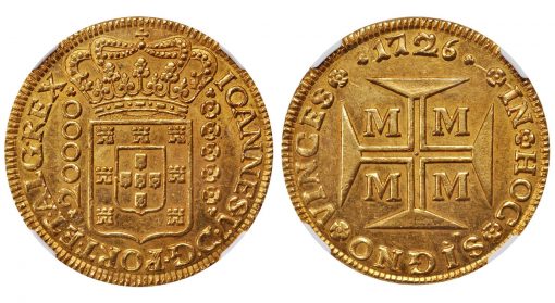 Lot 71139: BRAZIL. 20000 Reis, 1726-M. Minas Gerais Mint. Joao V. NGC MS-62
