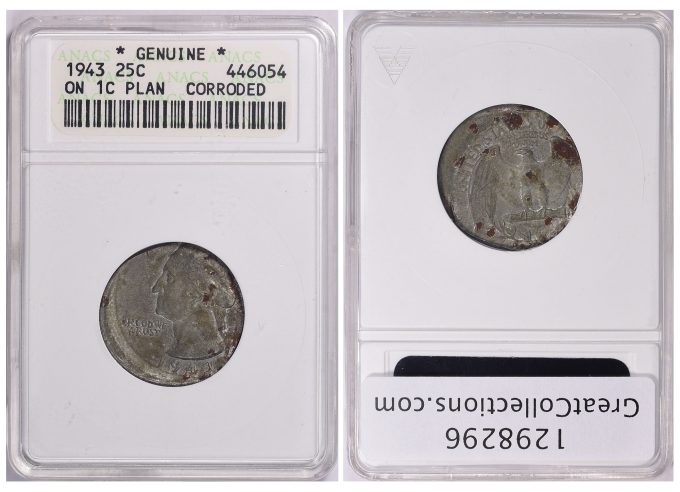 Mint Error 1943 Washington Quarter on 1c Steel Cent Planchet