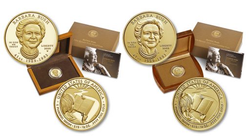 Proof and uncirculated 2020 Nancy Reagan First Spouse Gold Coins and their presentation cases