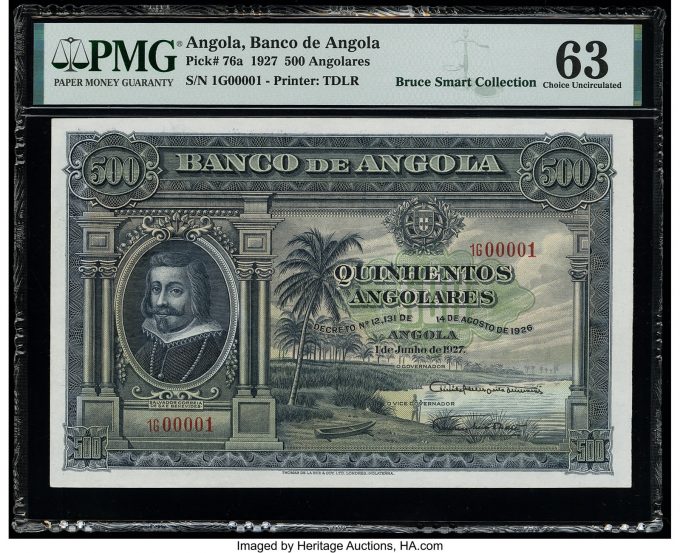 Serial Number 1 Angola Banco De Angola 500 Angolares 1.6.1927 Pick 76a PMG Choice Uncirculated 63