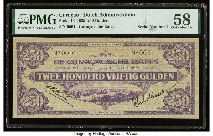 Serial Number 1 Curaçao Curacaosche Bank 250 Gulden 1925 Pick 13 PMG Choice About Unc 58