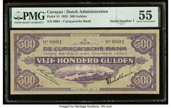 Serial Number 1 Curaçao Curacaosche 500 Gulden 1925 Pick 14 PMG About Uncirculated 55