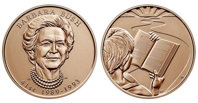 U.S. Mint images of a Barbara Bush First Spouse Bronze Medal