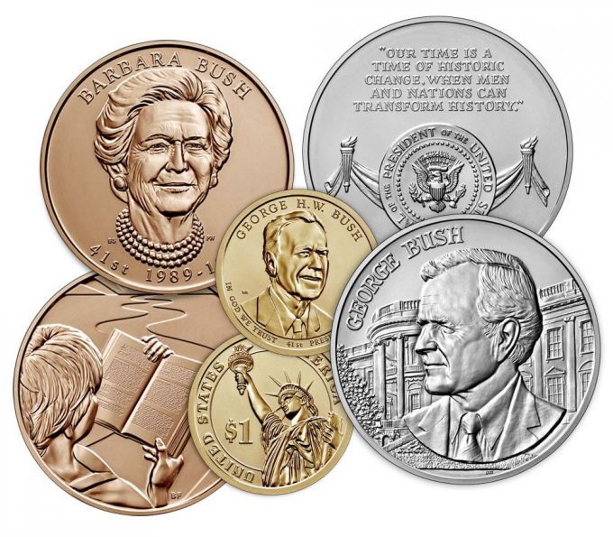 U.S. Mint images of the coin and medals in the George H.W. Bush Coin and Chronicles Set
